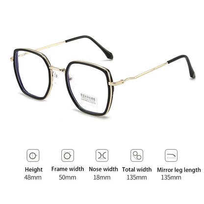 Big Square Transparent Metal Frame Glasses with Anti Blue Light