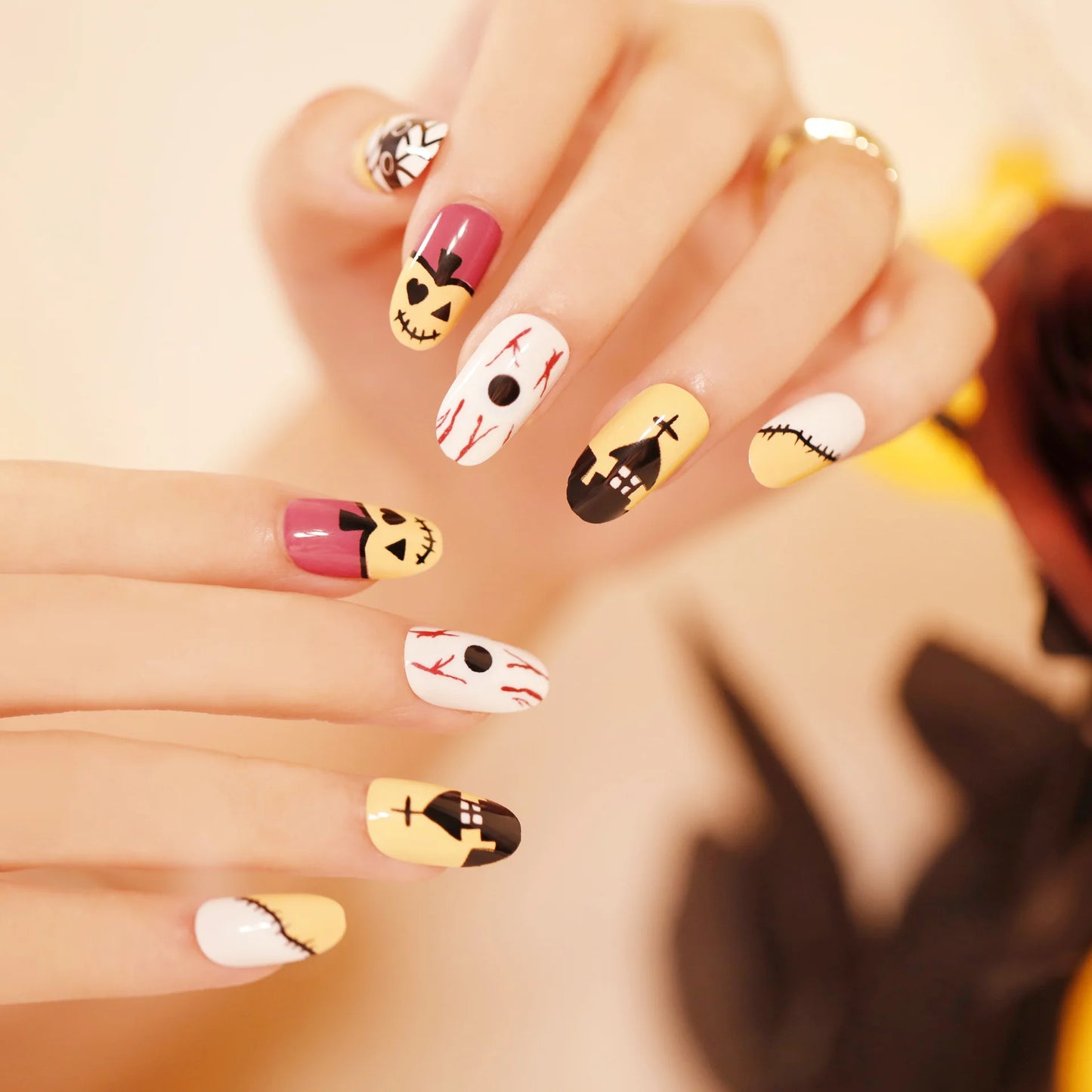 Medium Almond/Ballerina Full Coverage Press On Nails with Art Design (24pcs)