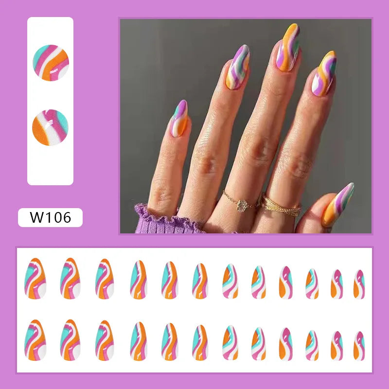 Medium Almond/Ballerina Full Coverage Press On Nails with Art Design (24pcs)