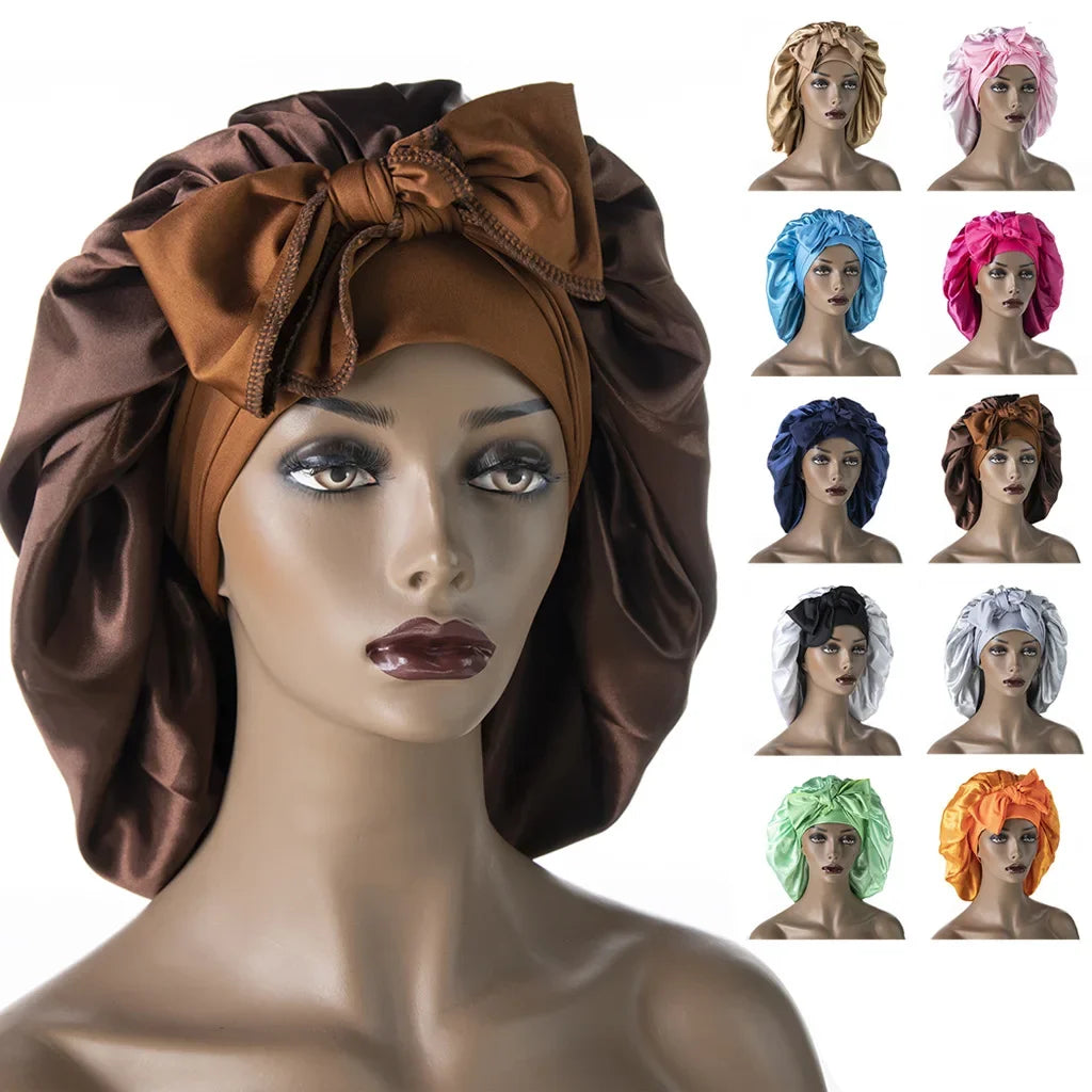 Soft Satin Bonnet with Long Wide Stretchy Tie Bands