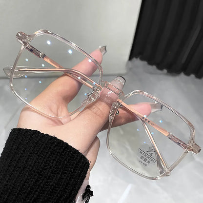 Big Square Transparent Metal Frame Glasses with Anti Blue Light