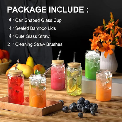 Drinking Glass Cups with Bamboo Lids & Glass Straws