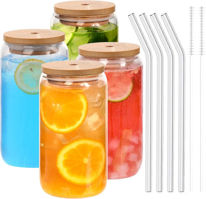 Drinking Glass Cups with Bamboo Lids & Glass Straws