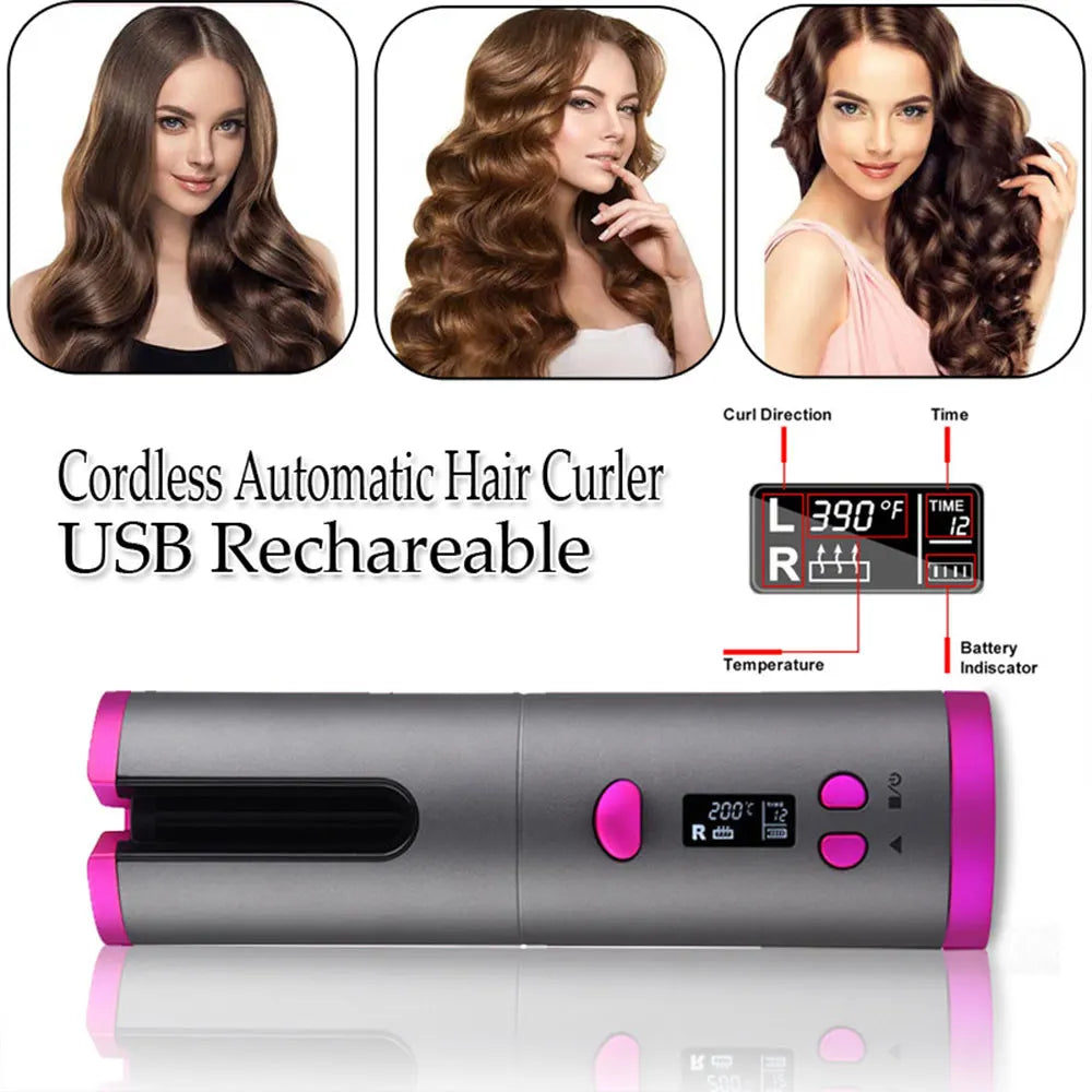 Wireless Ceramic Automatic Curling Iron Styling Wand with LED Display & Temperature Adjustable Temperature Setting