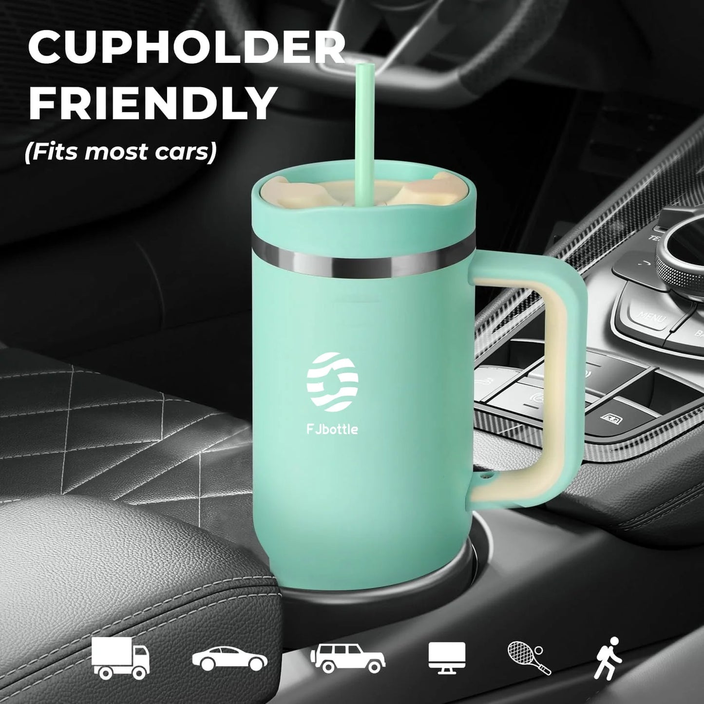 40oz Stainless Steel Insulated Car Mug with Handle, Lid & Straw