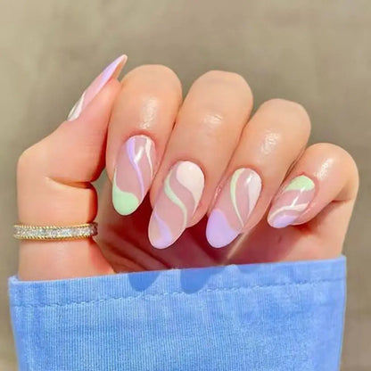 Medium Almond/Ballerina Full Coverage Press On Nails with Art Design (24pcs)